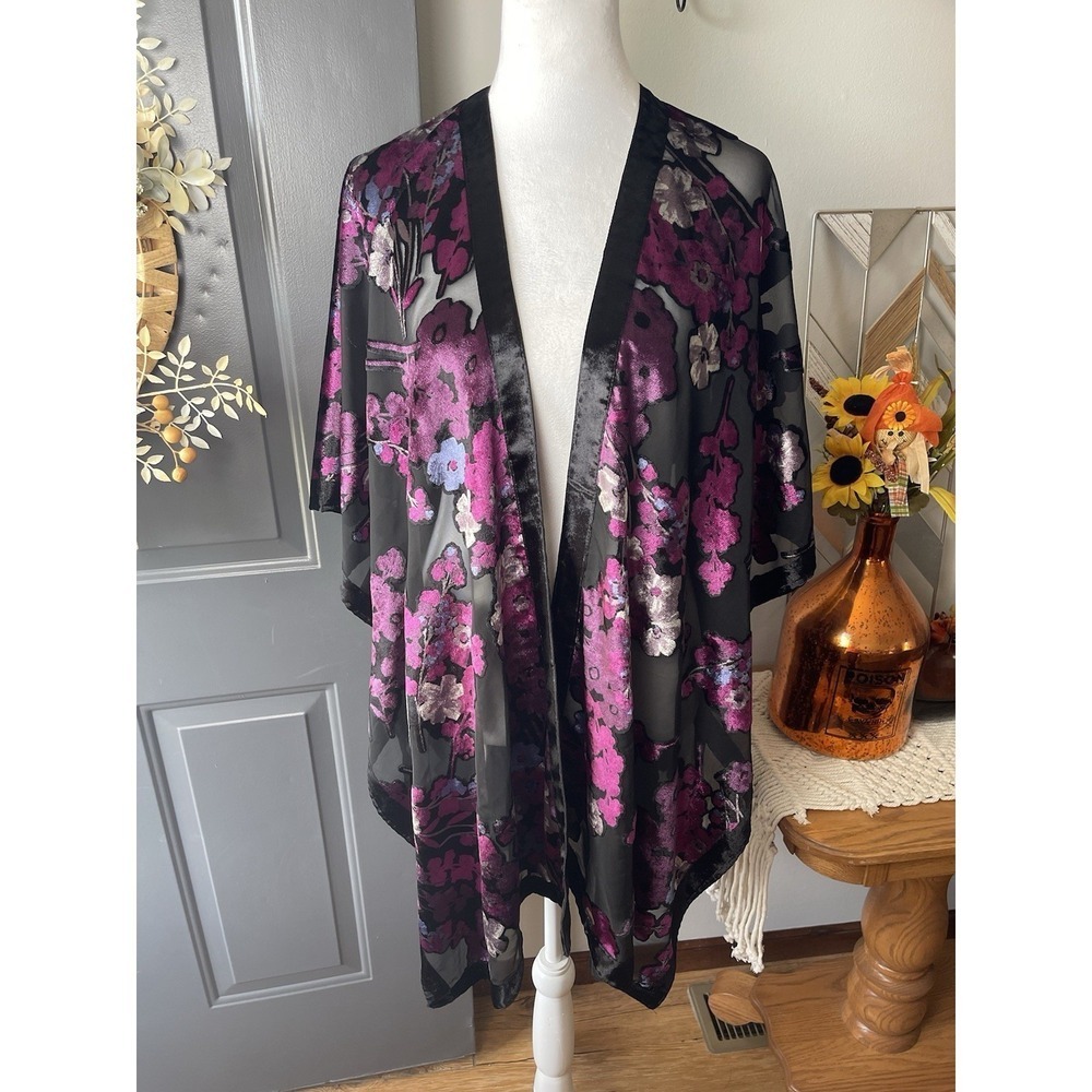 J. Jill Purple Black Floral Velvet Burnout Sheer Kimono Cardigan One Size New!